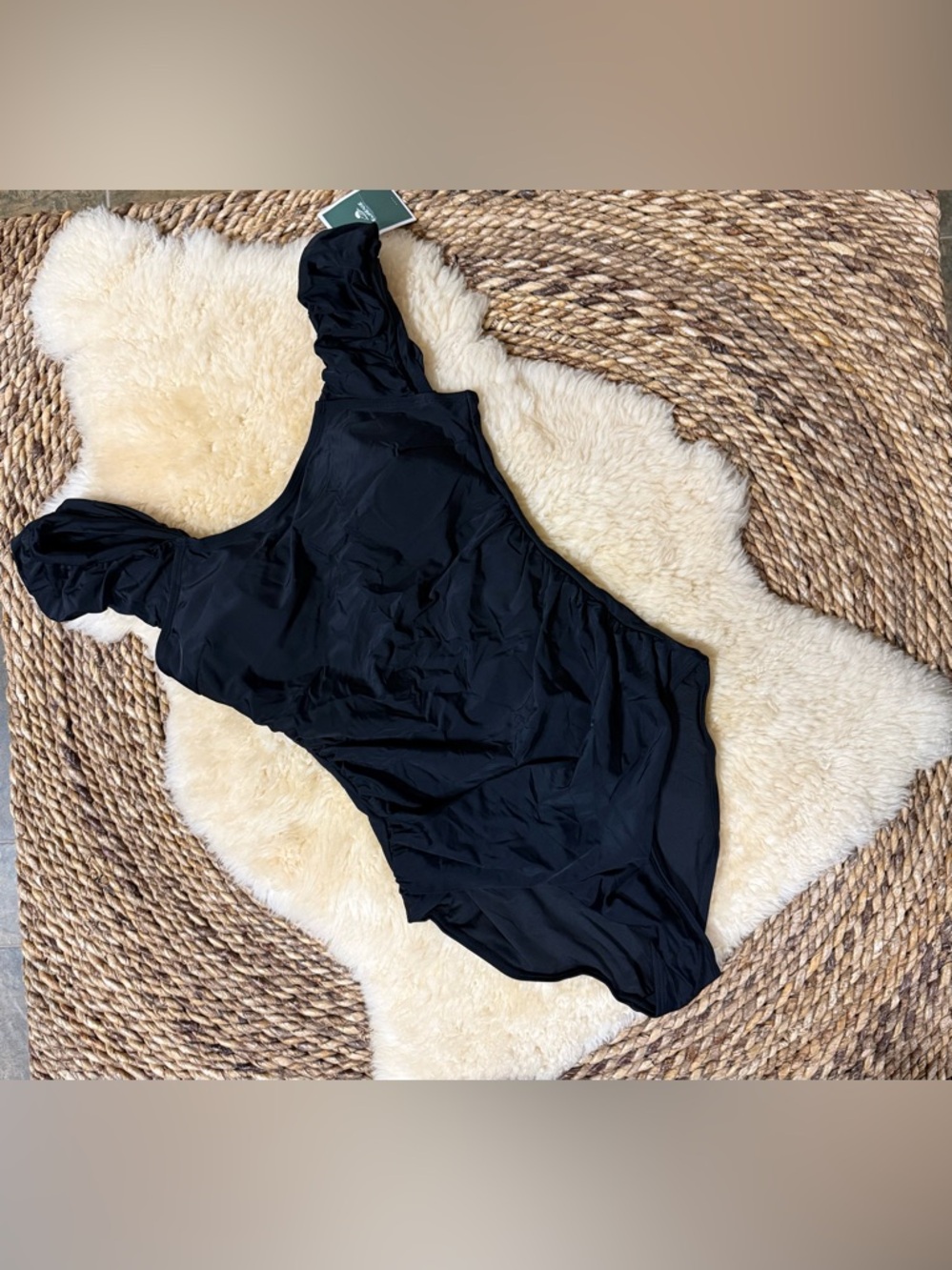 Ruffled One-Shoulder Black One-Piece Swimsuit - Picture 2 of 4